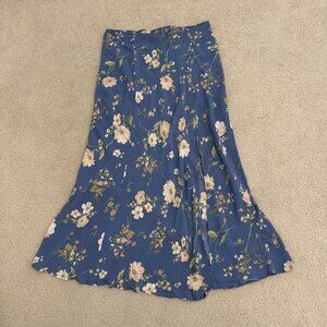 Womens Blue Floral Printed Midi Skirt Size L Slit Cottagecore Boho Resort Zip Up